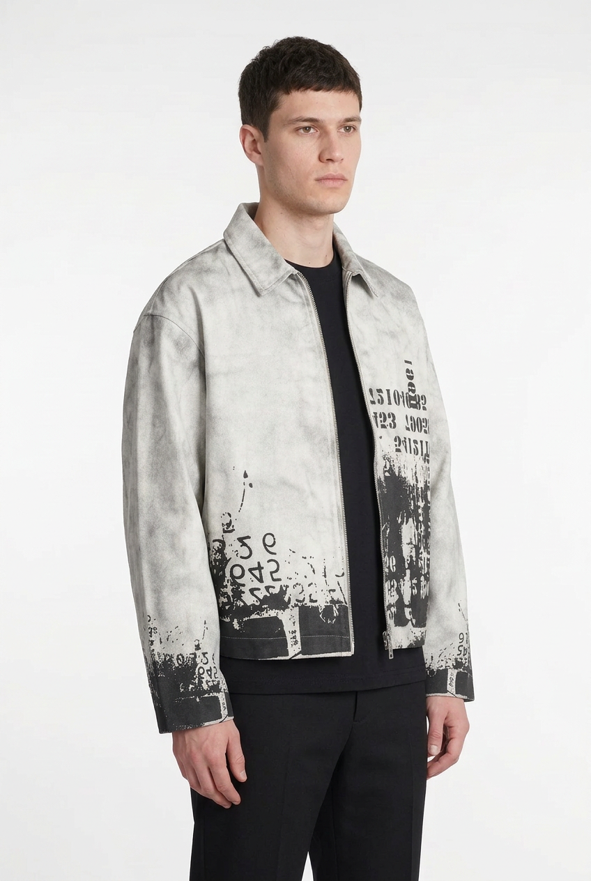 White model open jacket right-profile pose