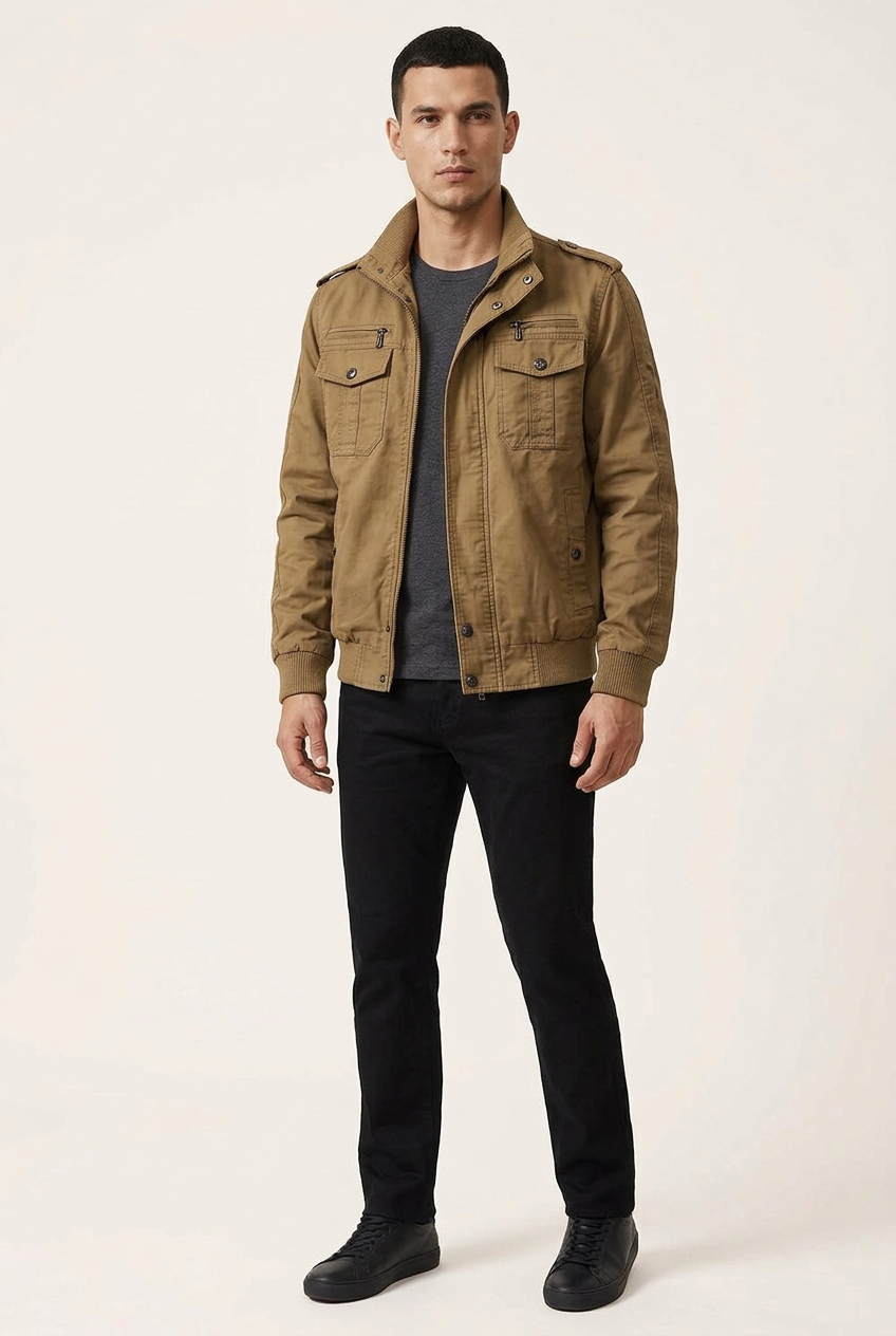 Khaki jacket three-quarter pose