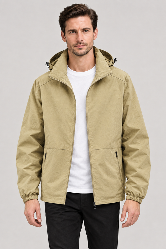 Khaki windbreaker fashion pose