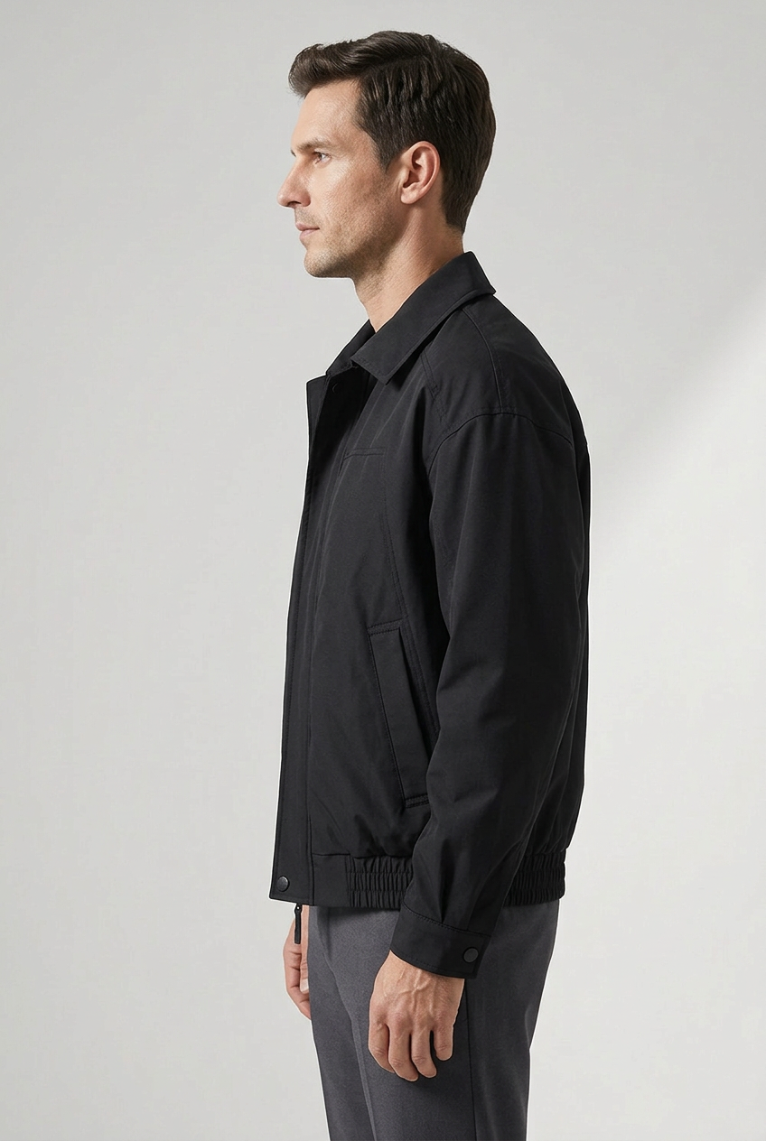Left-side model view of the black jacket
