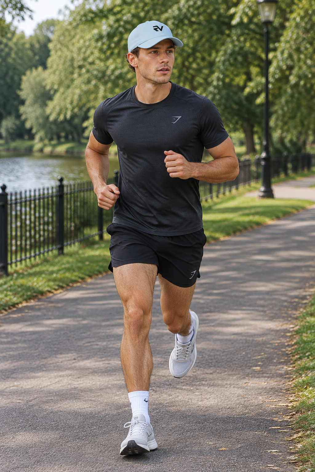Light blue cap on an outdoor runner