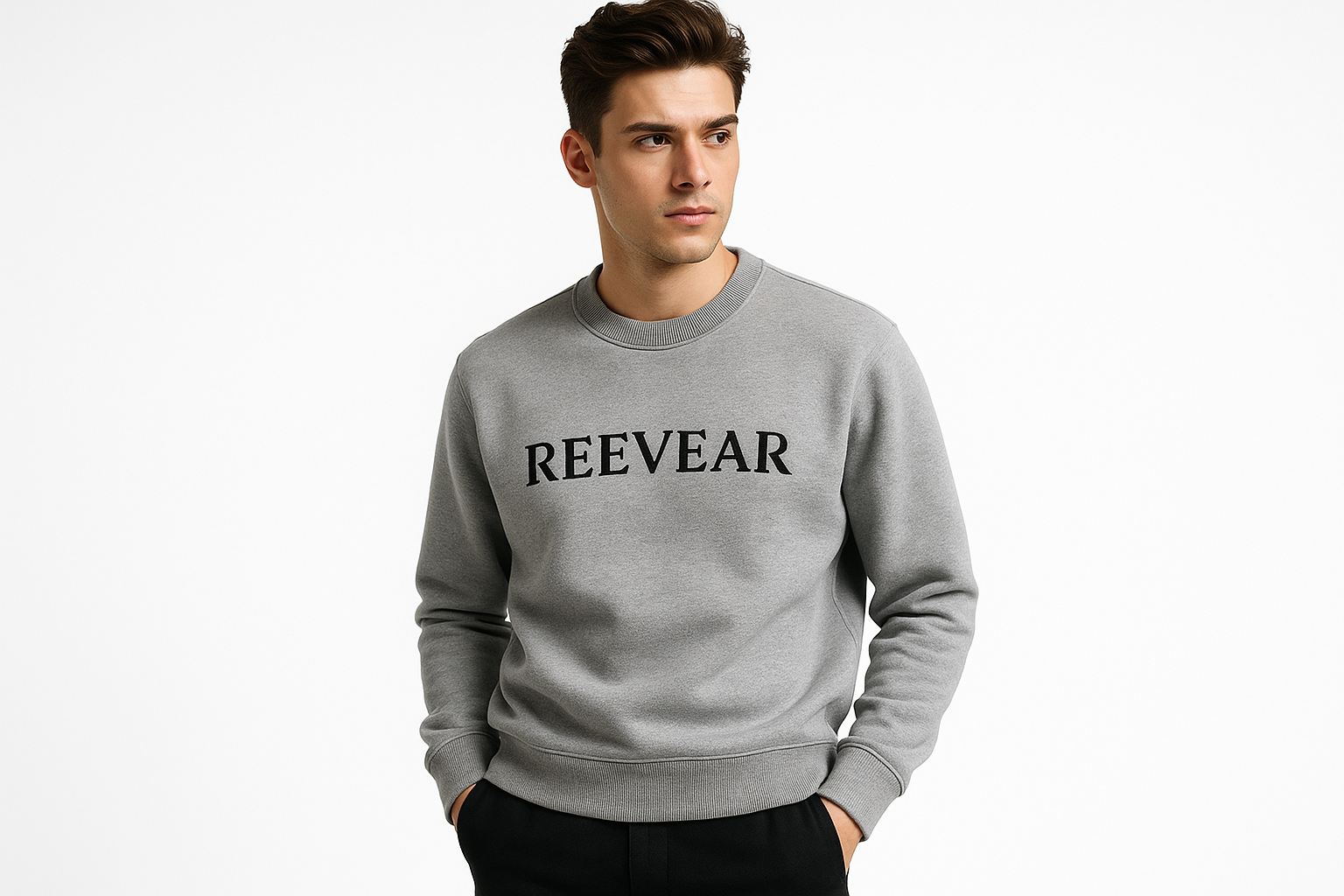 make a real model like zara 22 years boy with premium quality sweatshirt with logo REEVEAR with white background  