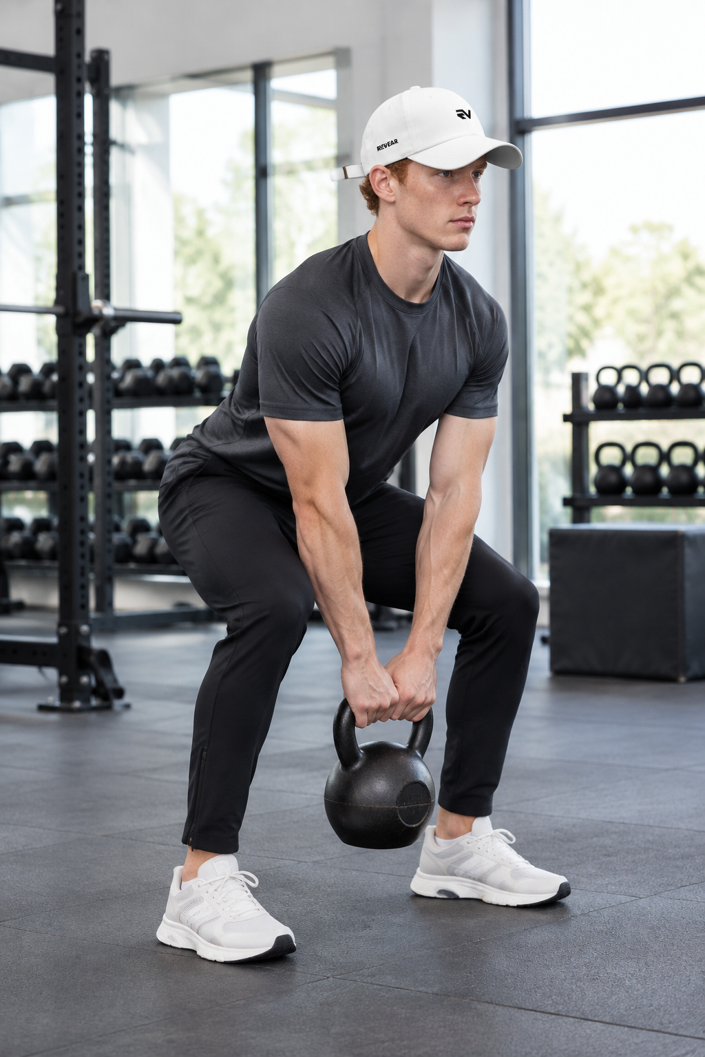 Model doing a kettlebell deadlift