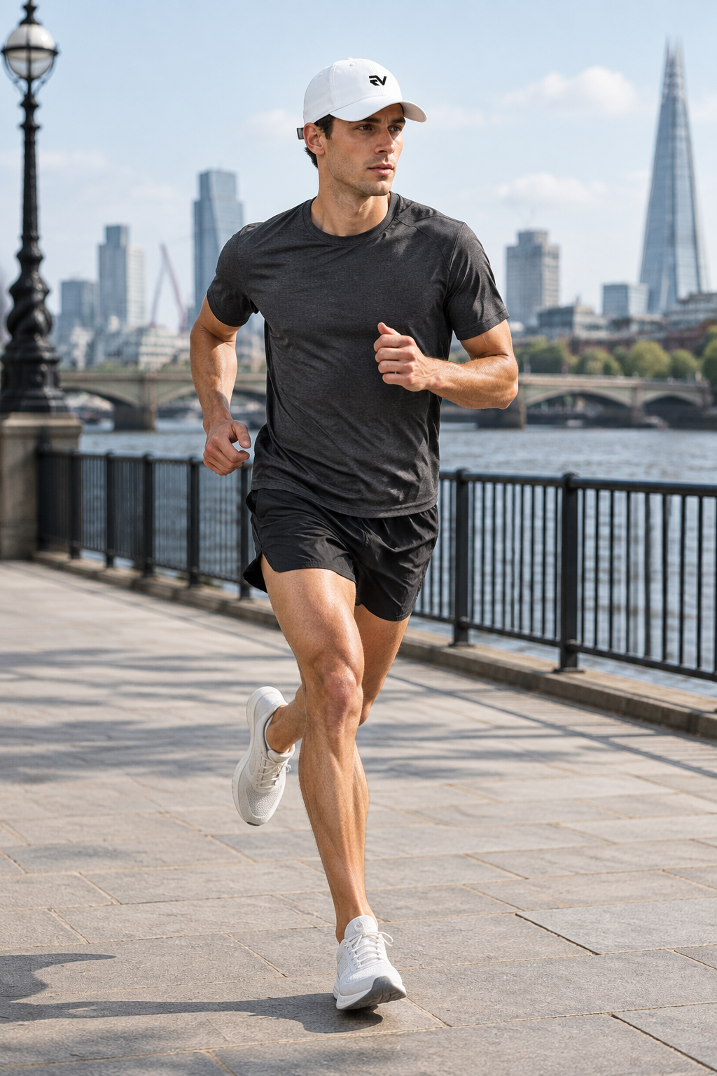 Model running in the white REEVEAR cap