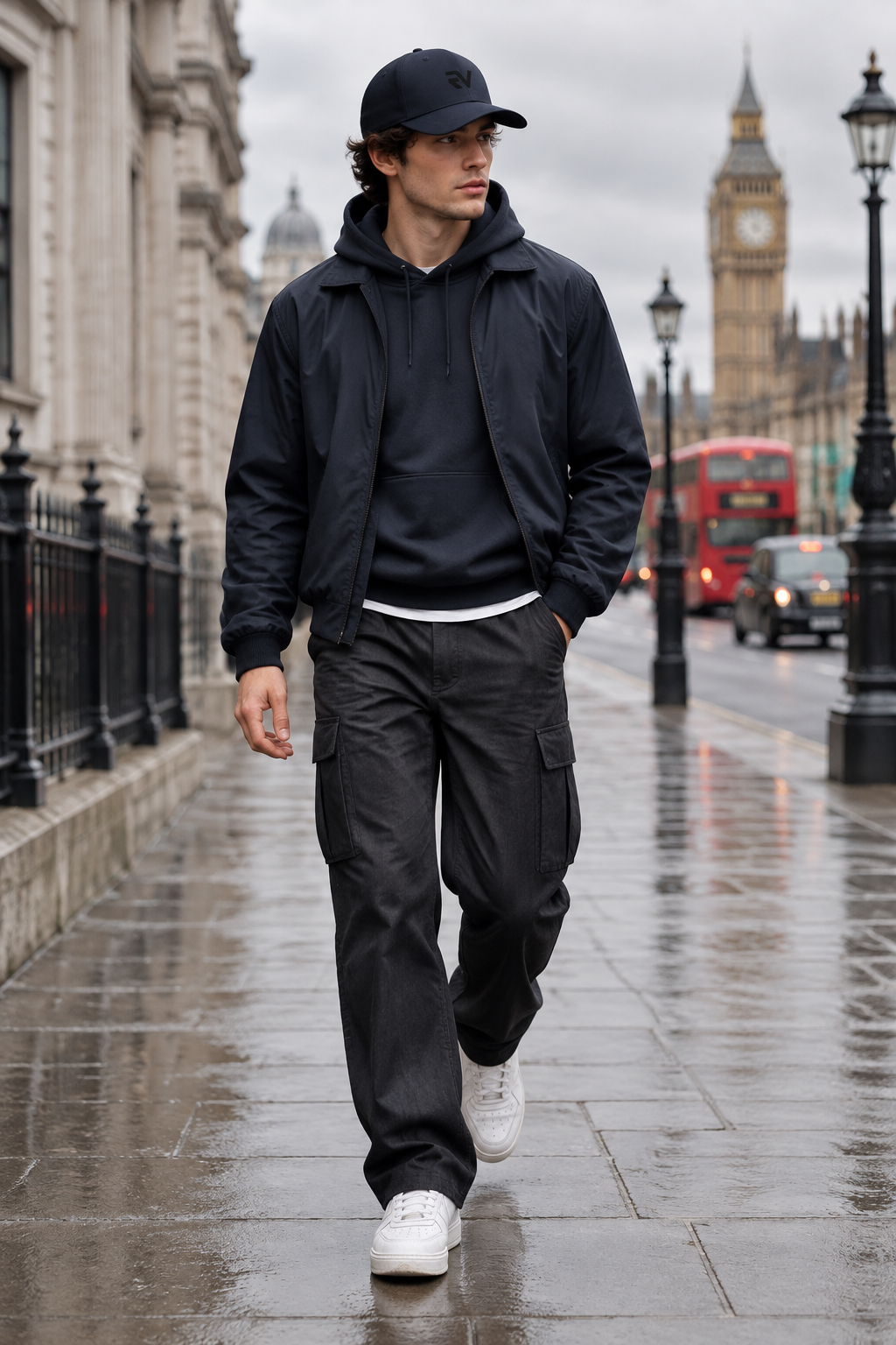Navy cap on a London street