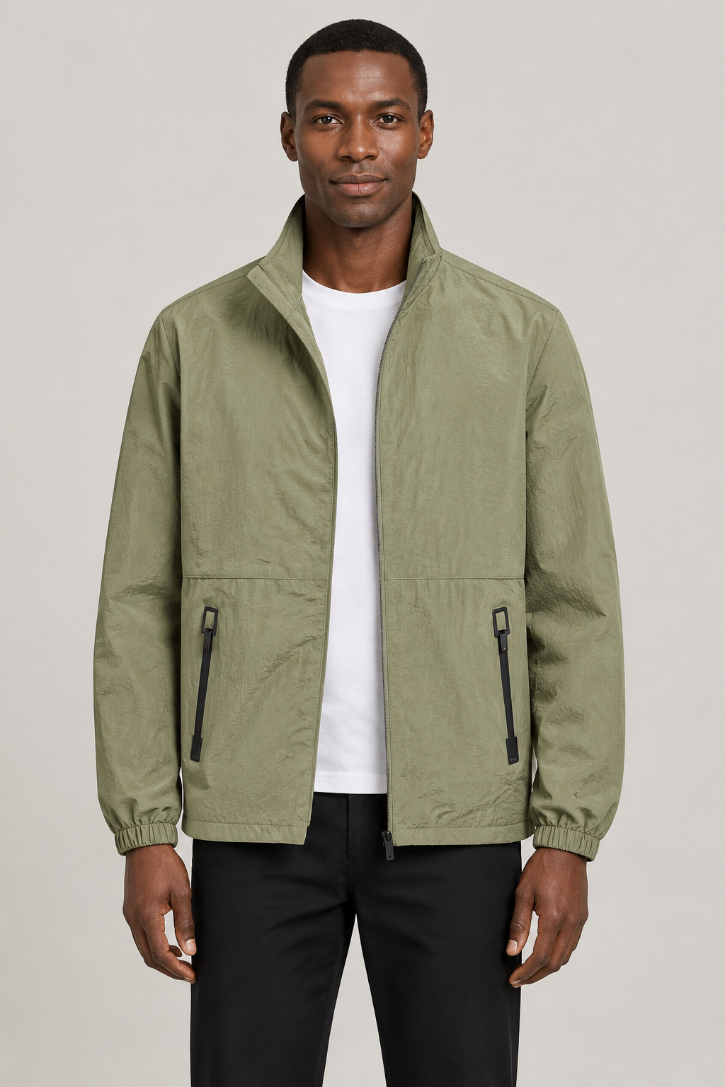 Olive jacket front view with a new slim model