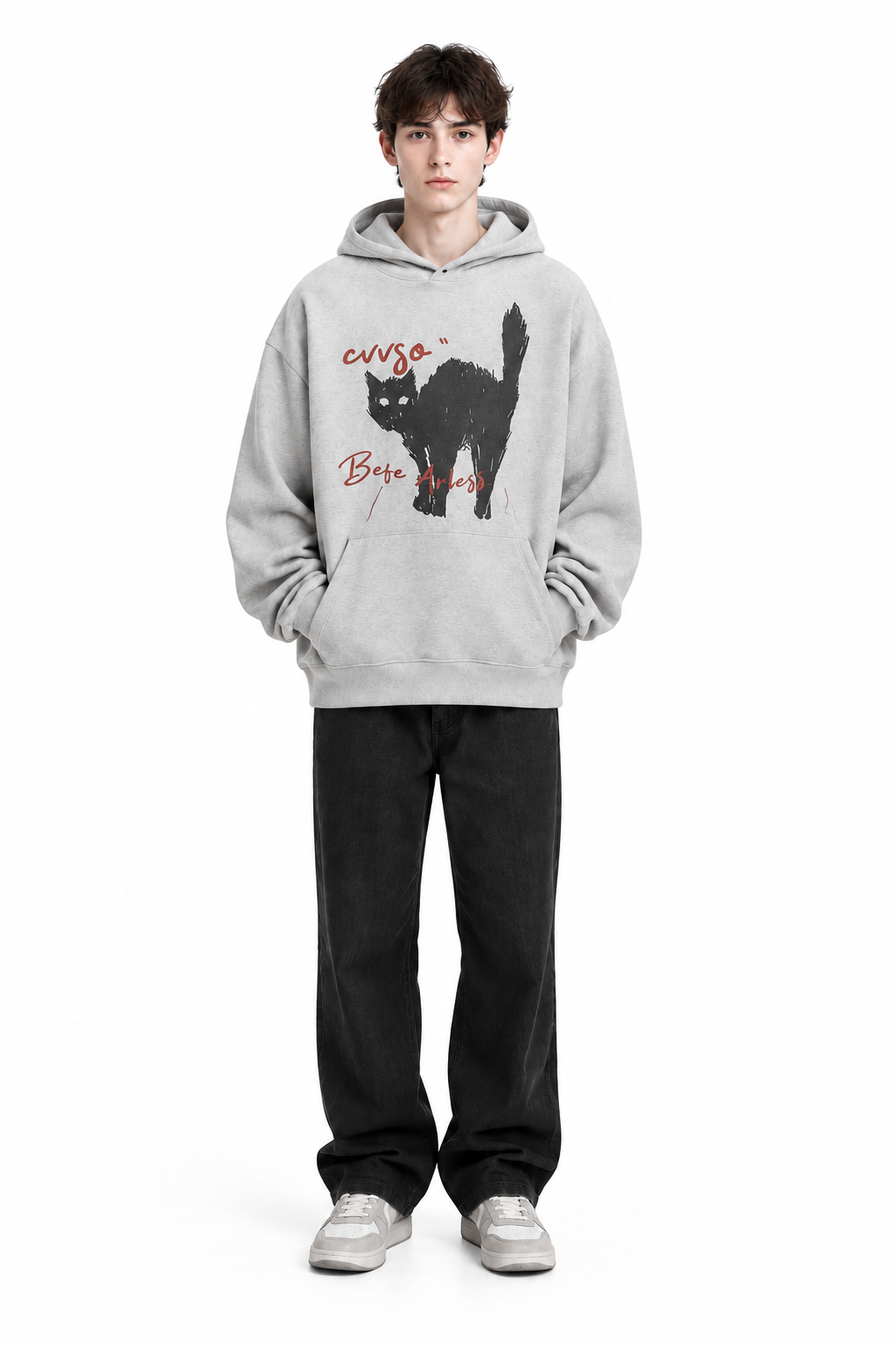 Single front view of the grey cat hoodie