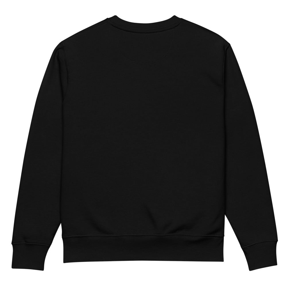 Black crewneck sweatshirt with ribbed cuffs and hem, back view