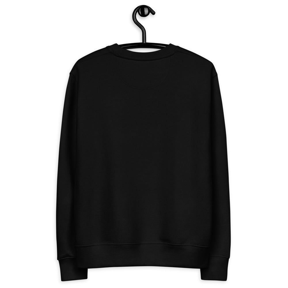Black crewneck sweatshirt with ribbed hem and cuffs, hanging on hanger