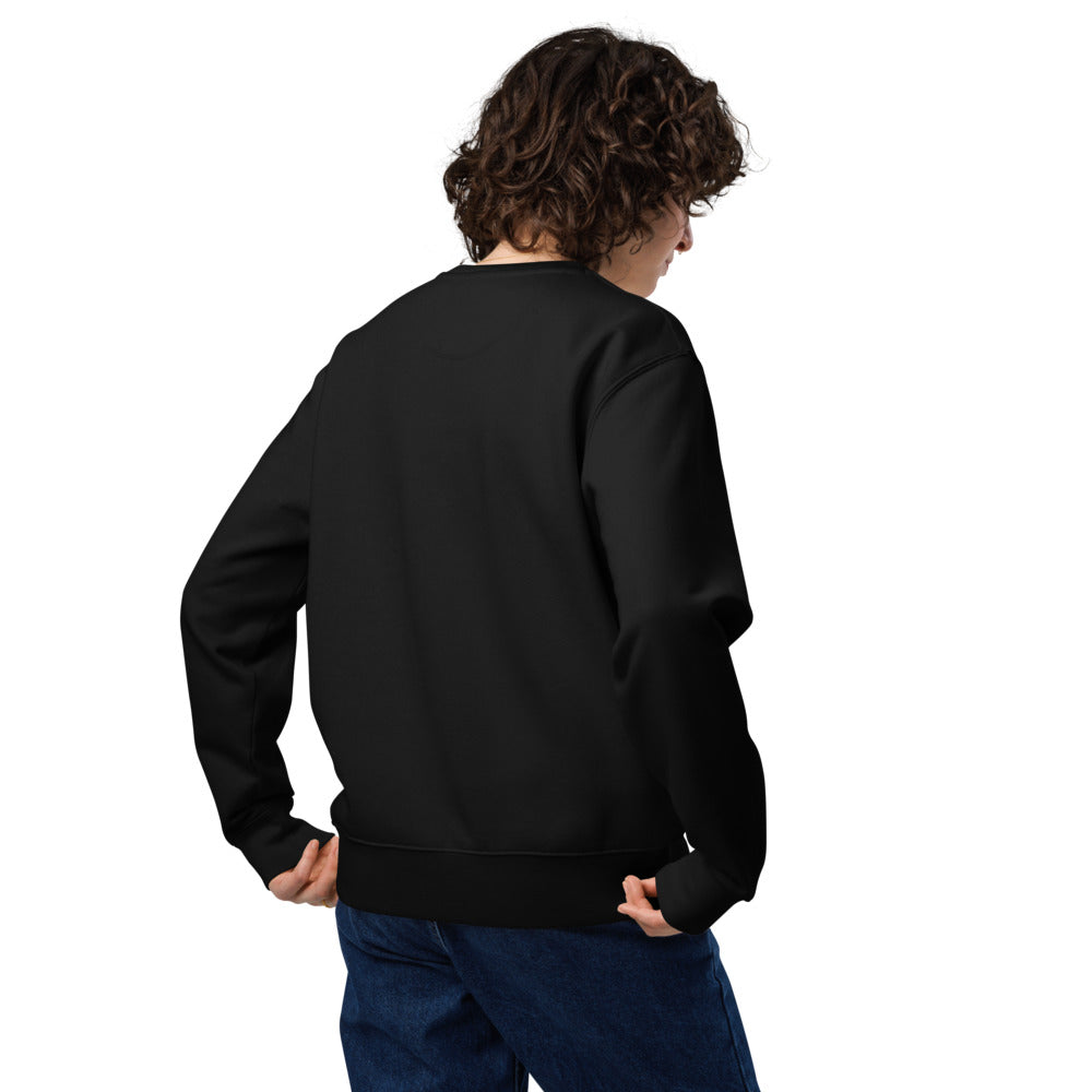 Black crewneck sweatshirt, ribbed cuffs and hem, plain back view