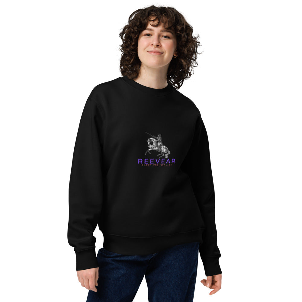 Black crewneck sweatshirt with front graphic logo, ribbed cuffs and hem