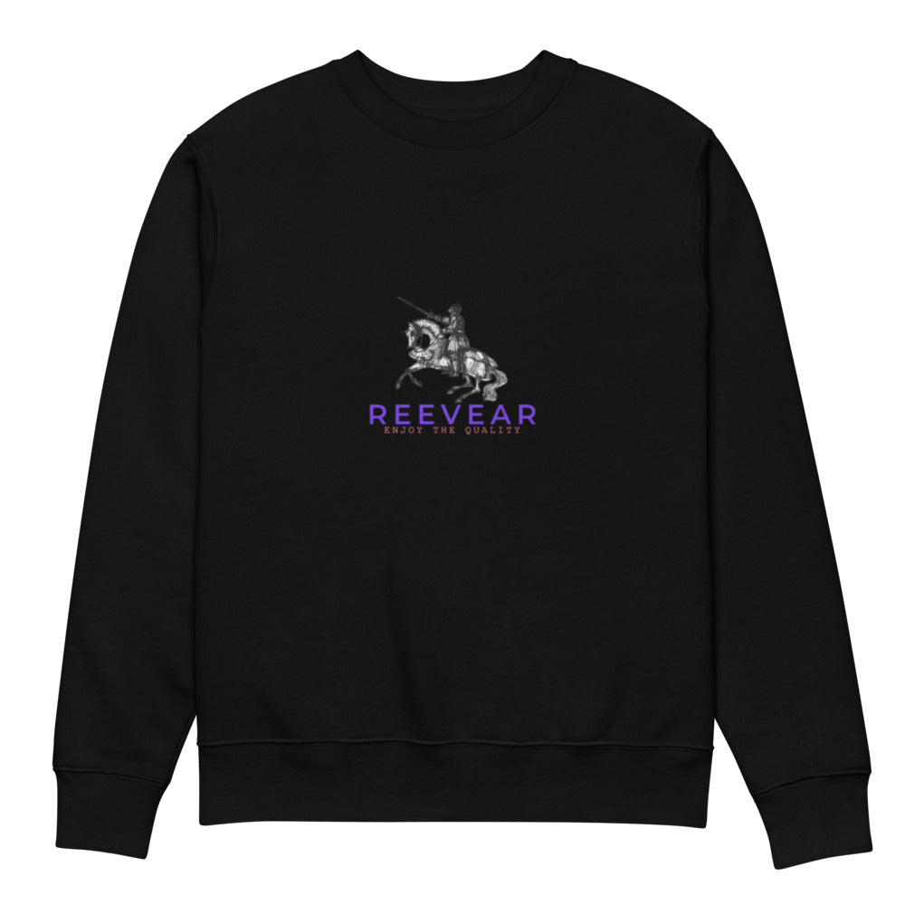 Black crewneck sweatshirt with front crest and ���REEVEAR��� logo, ribbed hem