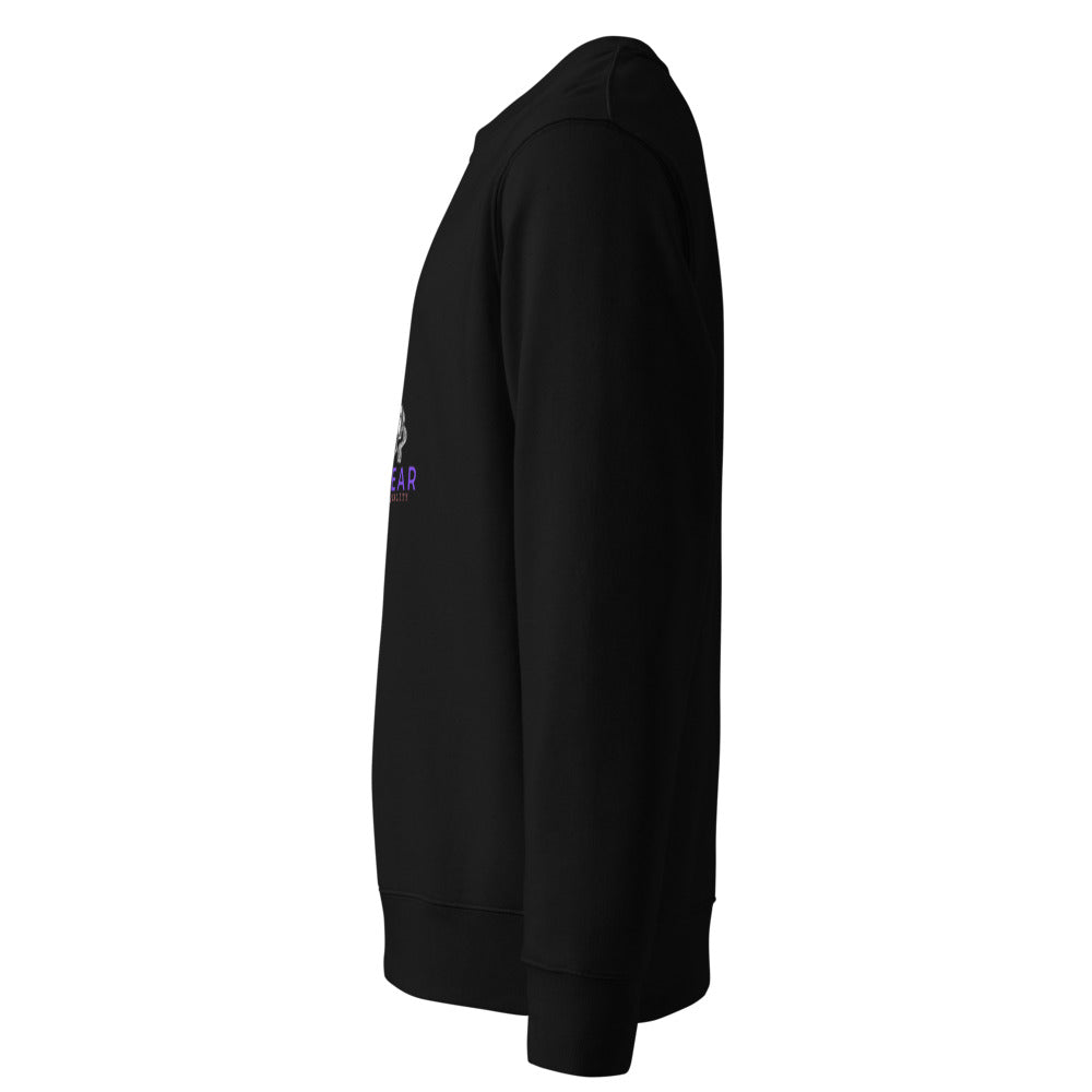 Black crewneck sweatshirt back side profile, small sleeve logo visible