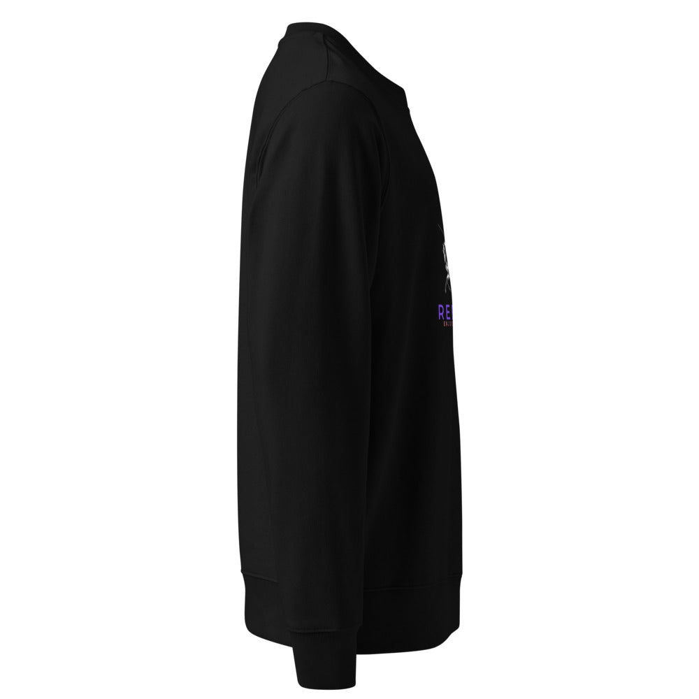 Black crewneck sweatshirt side profile, small logo visible on sleeve
